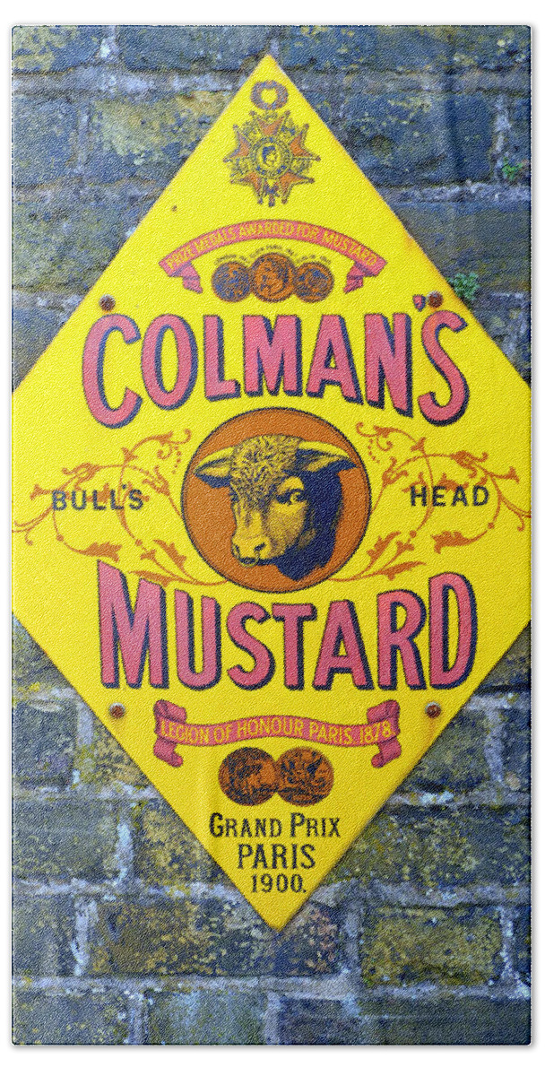 Colmans Beach Towel featuring the photograph Colmans Mustard Bulls Head Sign by Gordon James