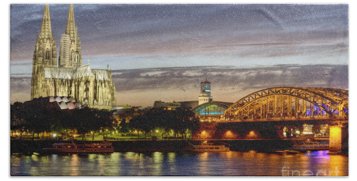 Cologne Beach Towel featuring the photograph Cologne Cathedral with Rhine Riverside by Heiko Koehrer-Wagner