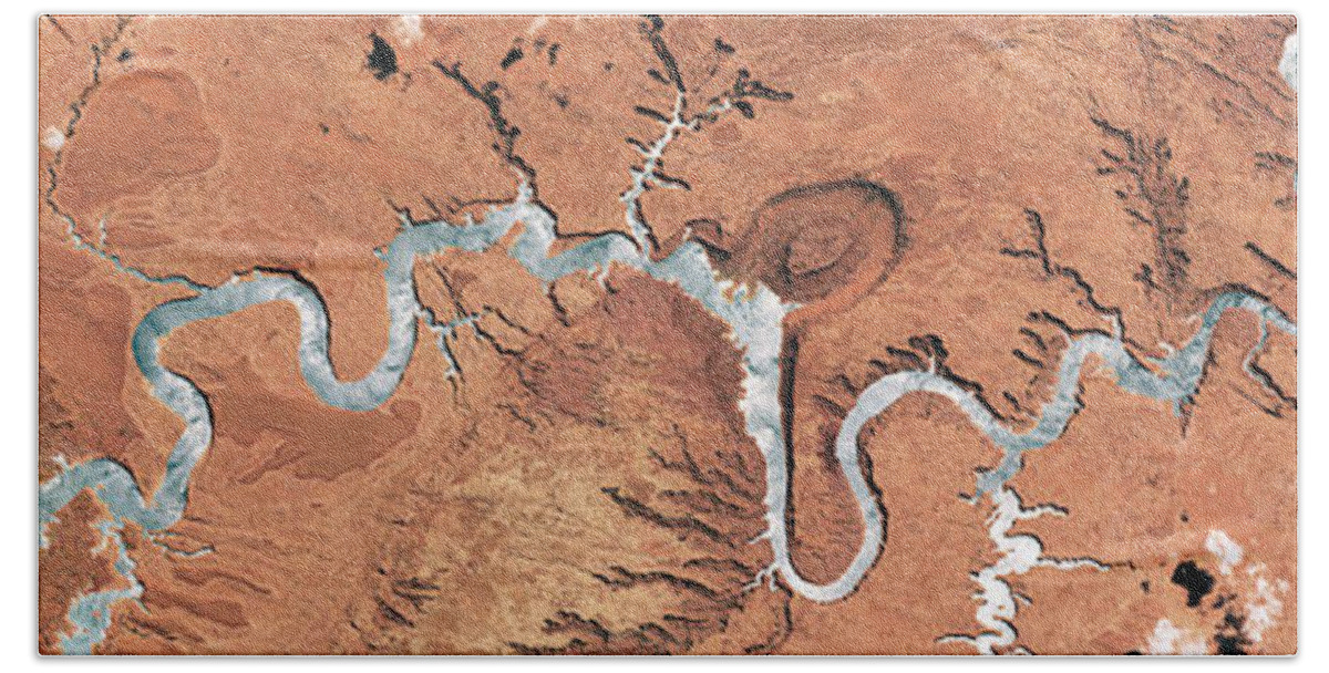 Satellite Image Beach Towel featuring the photograph Colorado River, Lake Powell, Satellite by Science Source