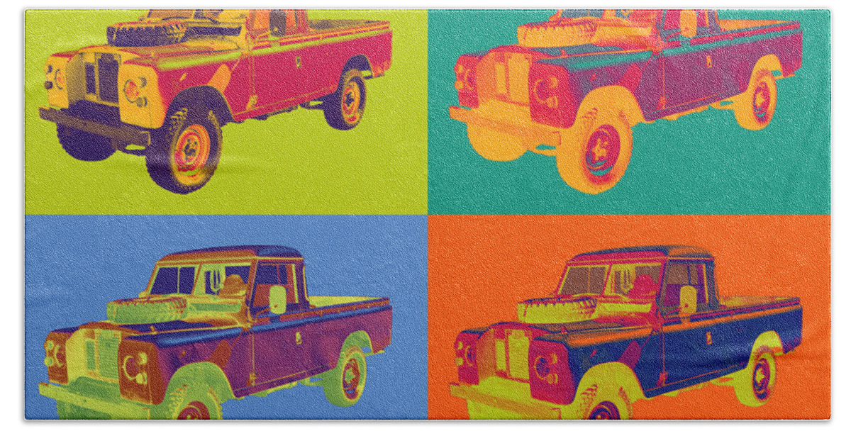 1971 Landrover Beach Towel featuring the photograph Colorful 1971 Land Rover Pick up Truck Pop Art by Keith Webber Jr