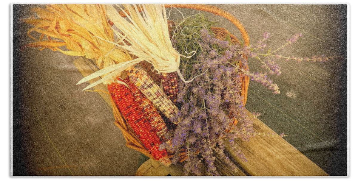 Corn Beach Towel featuring the photograph The Colors of Autum Colorful Corn and Purple Flowers by Kathy Barney