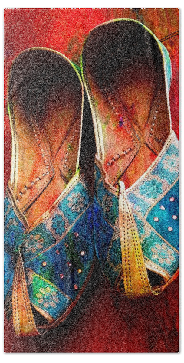 Colourful Footwear Beach Towel featuring the photograph Colorful Footwear Juttis Sales Jaipur Rajasthan India by Sue Jacobi