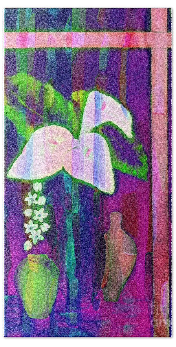 Colorful Calla Lily Still Life Beach Towel featuring the painting Colorful Calla Lily Still Life by Barbara A Griffin