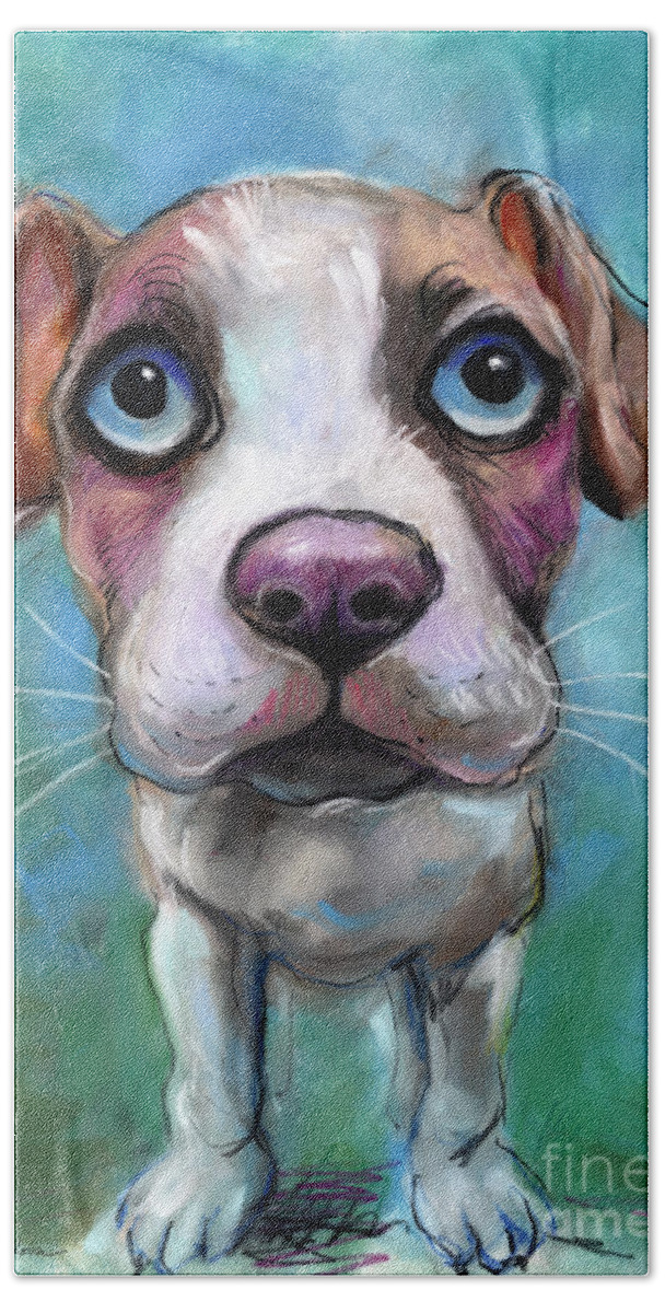 Pitty Beach Sheet featuring the painting Colorful pit bull puppy with blue eyes painting by Svetlana Novikova