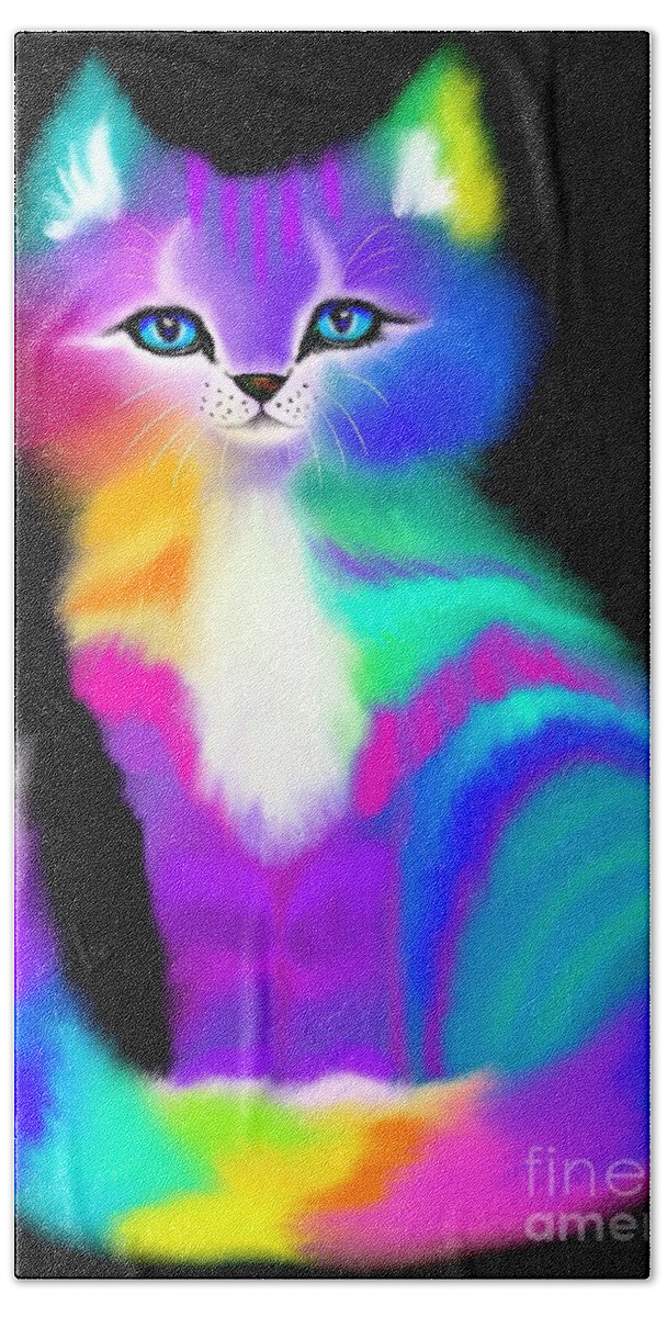 Colorful Cats Beach Towel featuring the painting Colorful Striped Rainbow Cat by Nick Gustafson