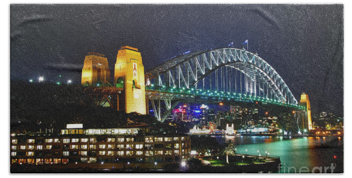 Photography Beach Towel featuring the photograph Colorful Sydney Harbour Bridge by Night by Kaye Menner
