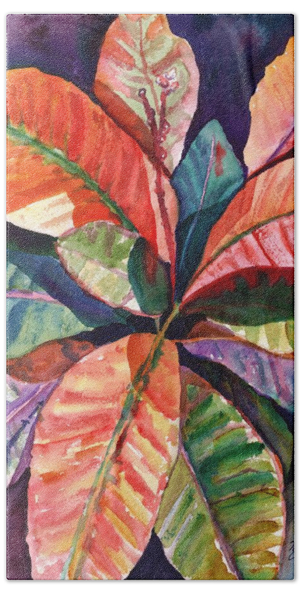 Tropical Leaves Beach Towel featuring the painting Colorful Tropical Leaves 1 by Marionette Taboniar