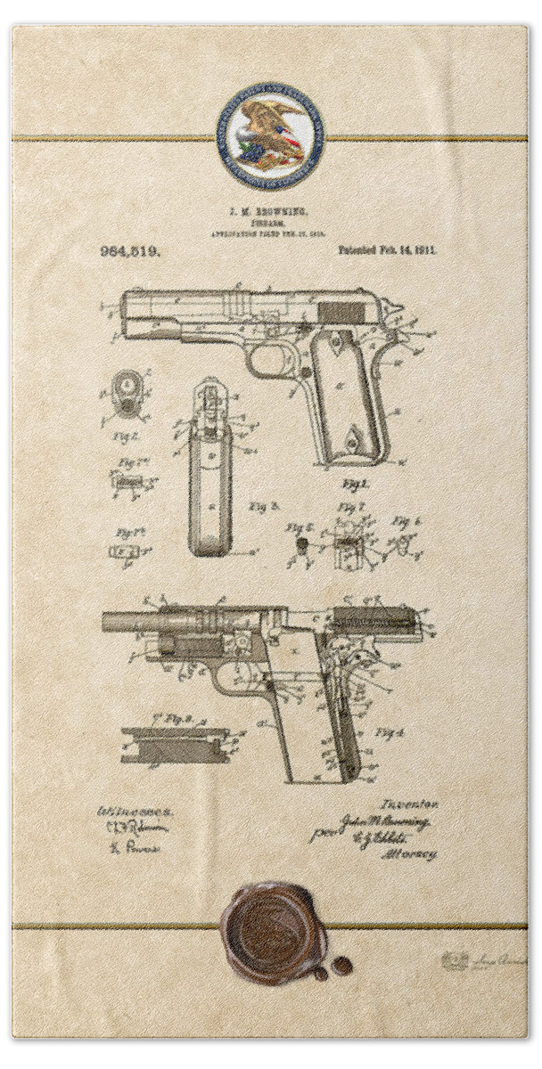 C7 Vintage Patents Weapons And Firearms Beach Towel featuring the digital art Colt 1911 by John M. Browning - Vintage Patent Document by Serge Averbukh