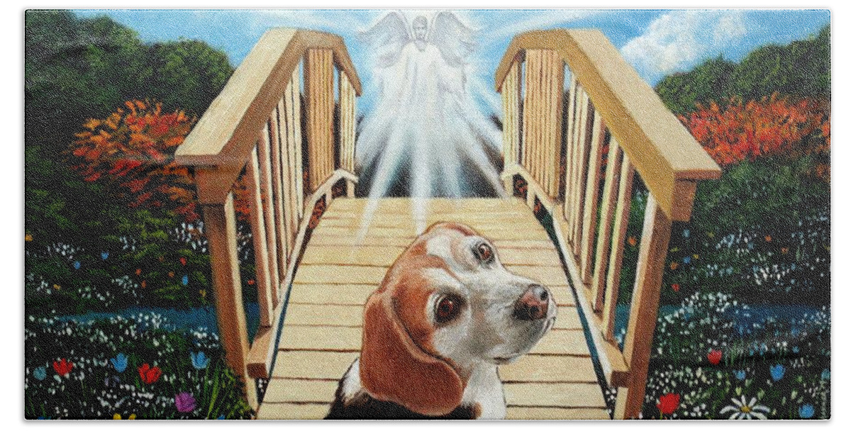 Angel Beach Towel featuring the painting Come walk with me over the rainbow bridge by Christopher Shellhammer