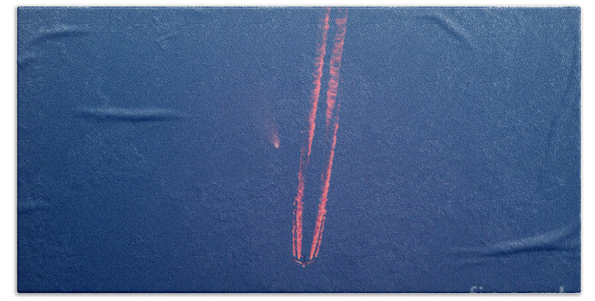 Science Beach Towel featuring the photograph Comet Panstarrs And Airplane by John Chumack