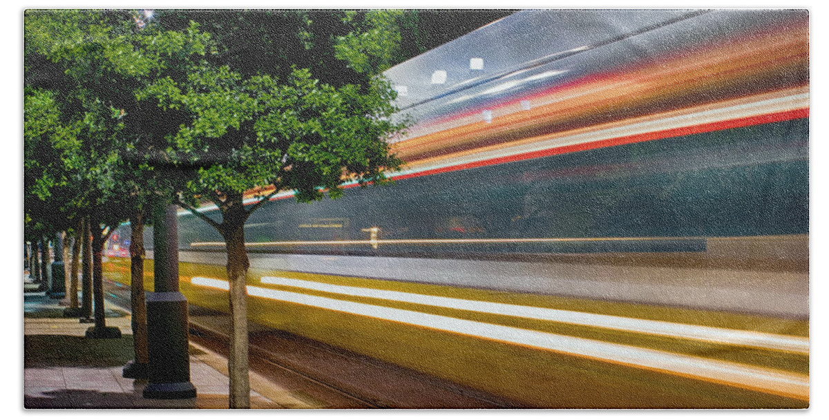 Dallas Beach Towel featuring the photograph Dallas Commuter Train 052214 by Rospotte Photography