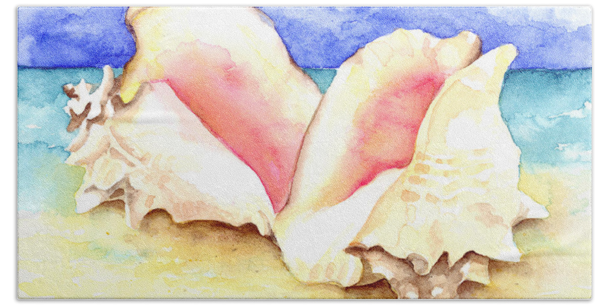 Seashells Beach Towel featuring the painting Conch Shells on Beach by Pauline Walsh Jacobson
