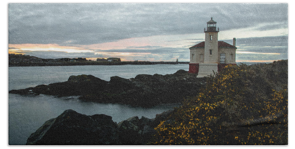 Coquille River Lighthouse Beach Towel featuring the photograph Coquille River Lighthouse Landscape by John Daly