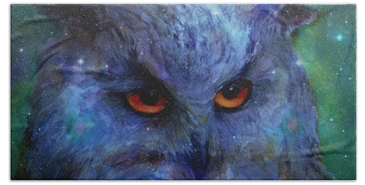 Owl Beach Towel featuring the painting Cosmic Owl painting by Svetlana Novikova