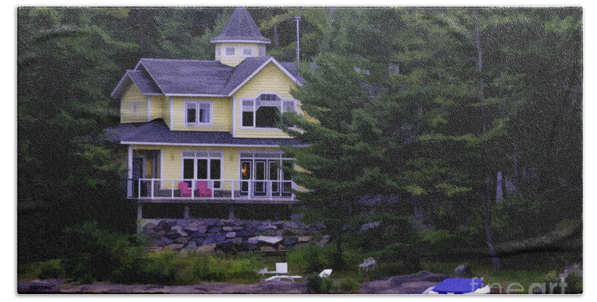 Cottage Beach Towel featuring the photograph Cottage On A River - painterly by Les Palenik