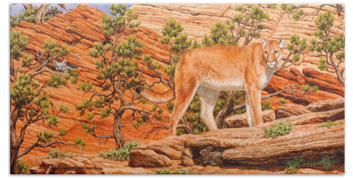 Cougar Beach Towel featuring the painting Cougar - Don't Move by Crista Forest