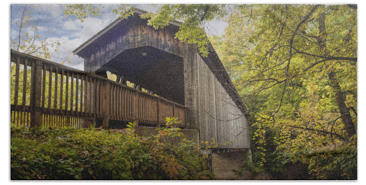Bridge Beach Towel featuring the photograph Covered Bridge on the Thornapple River in Ada Michigan by Randall Nyhof