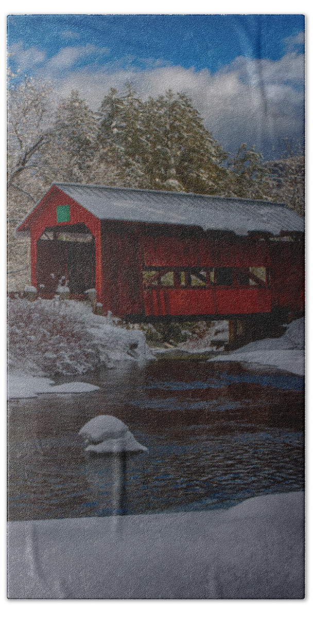 Covered Bridge Beach Towel featuring the photograph Cox brook runs under covered bridge by Jeff Folger