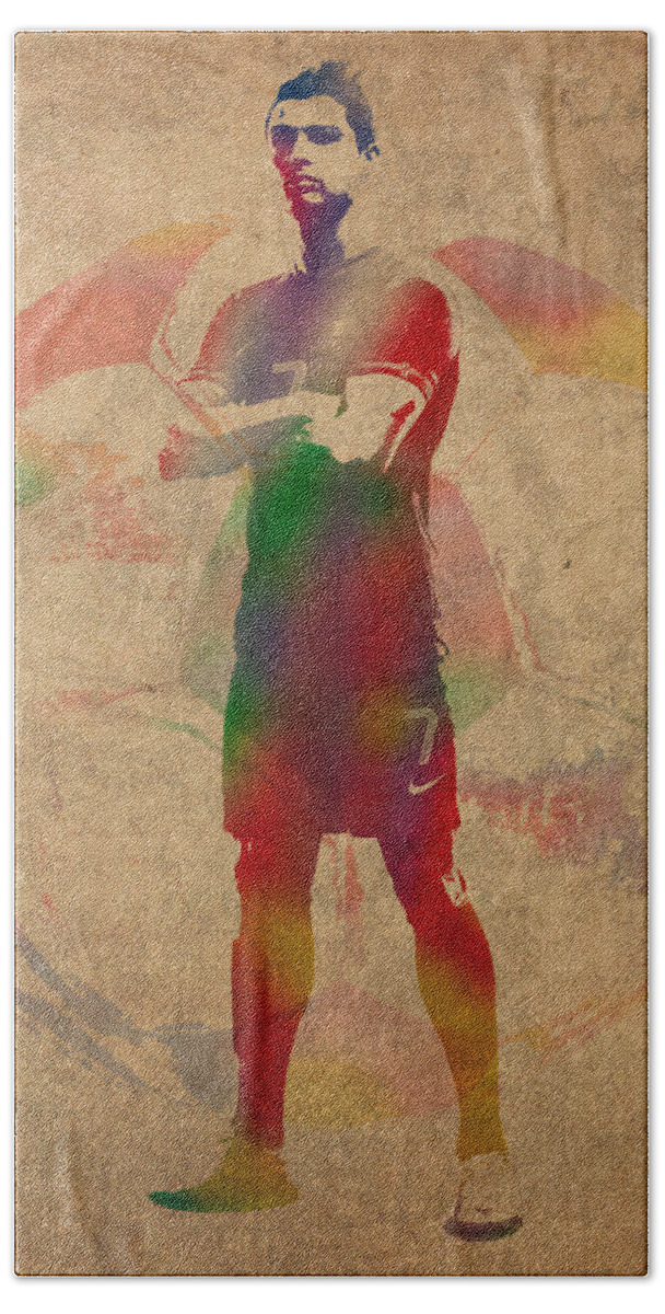 Cristiano Ronaldo Beach Sheet featuring the mixed media Cristiano Ronaldo Soccer Football Player Portugal Real Madrid Watercolor Painting on Worn Canvas by Design Turnpike