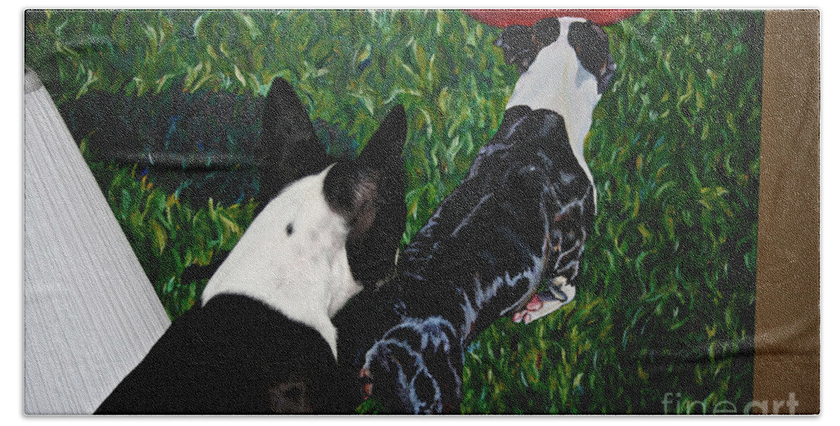 Boston Terrier Beach Towel featuring the painting Critic's Choice by Susan Herber