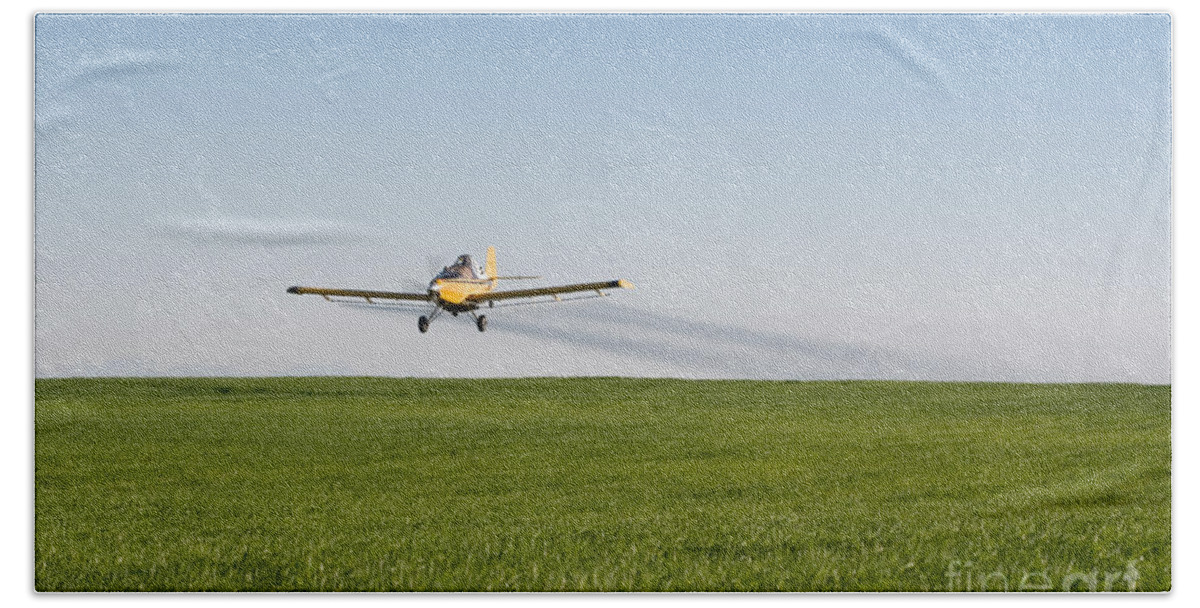 Plane Beach Towel featuring the photograph Crop Duster Airplane Flying Over Farmland by Cindy Singleton