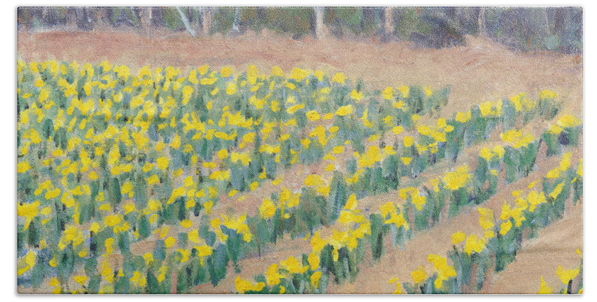 Daffodil Beach Towel featuring the painting Daffodil Rows by Candace Lovely