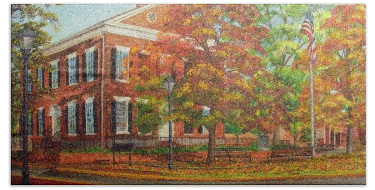 Dahlonega Beach Towel featuring the painting Dahlonega's Gold Museum in Autumn by Nicole Angell