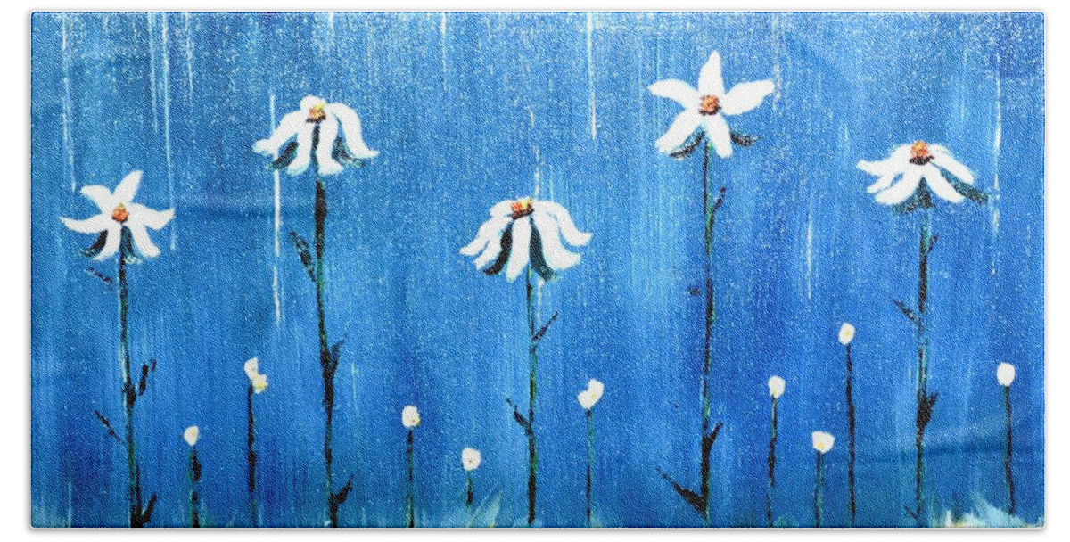 Blue Beach Towel featuring the painting Daisy Rain Blue by Denise Tomasura