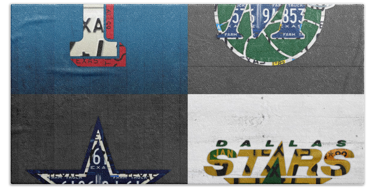 Dallas Beach Sheet featuring the mixed media Dallas Sports Fan Recycled Vintage Texas License Plate Art Rangers Mavericks Cowboys Stars by Design Turnpike