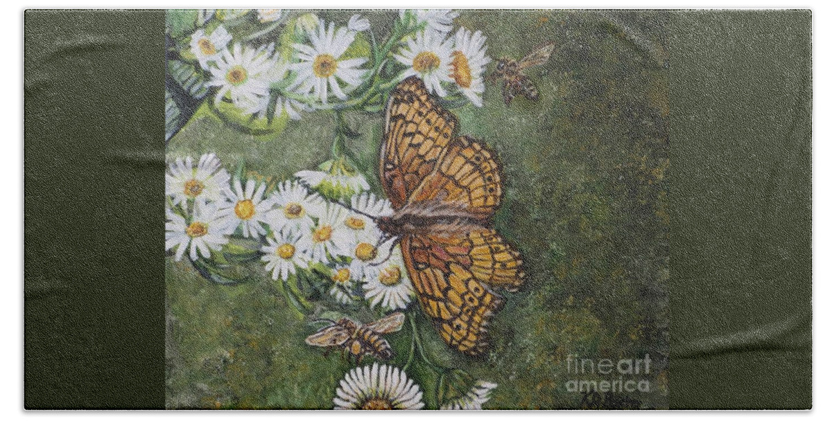 Nature Butterfly With Message Of Hope And Cooperation Variegated Fritillary Euptooieta Claudia Brush-footed Butterfly Nymphalidae Longwing Heliconiinae Copper Orange Black Brown Tan Camouflage Mimicry Mimesis Underside Resembles A Dead Leaf Honeybees Beneficial Insects Pollinators Daisies Gold Yellow White Green Variegated Background Beach Towel featuring the painting Dance with the Daisies by Kimberlee Baxter