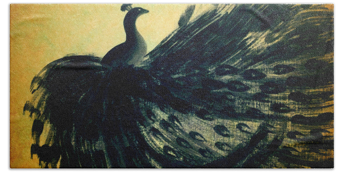Black Bird Beach Sheet featuring the painting DANCING PEACOCK gold by Anita Lewis