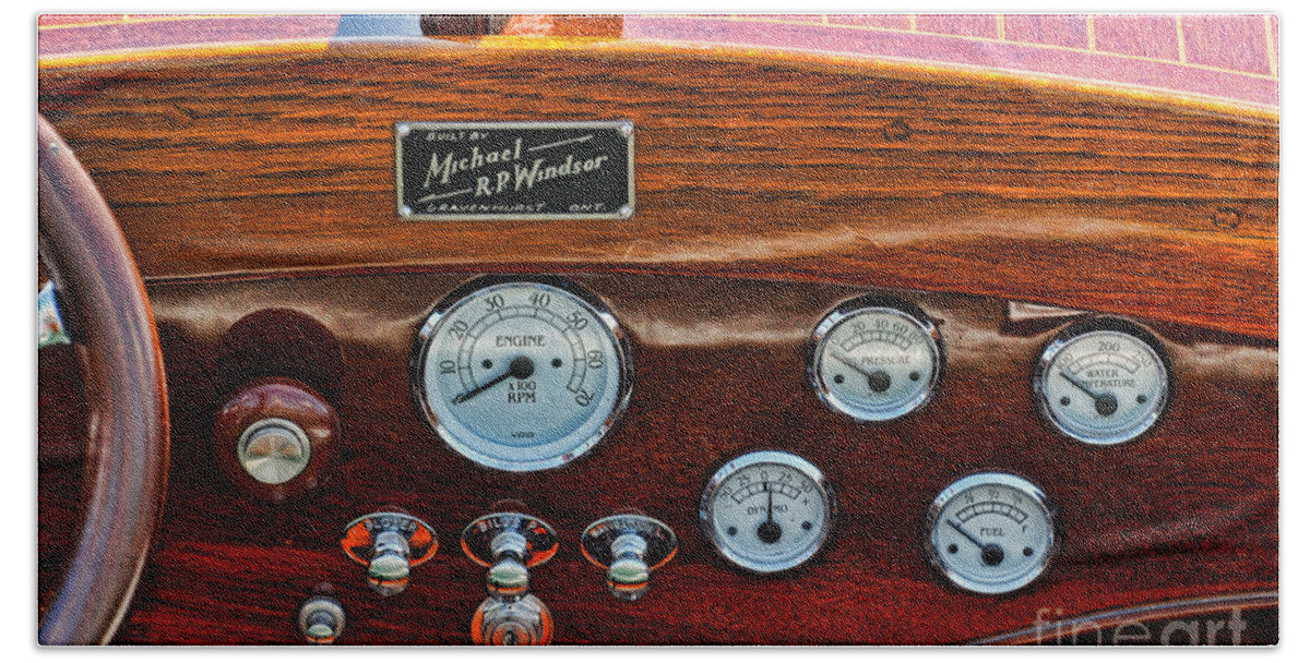 Dashboard Beach Sheet featuring the photograph Dashboard in a classic wooden boat by Les Palenik