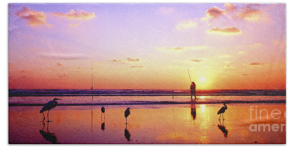 Daytona Beach Towel featuring the photograph Daytona Beach FL Surf Fishing and Birds by Tom Jelen