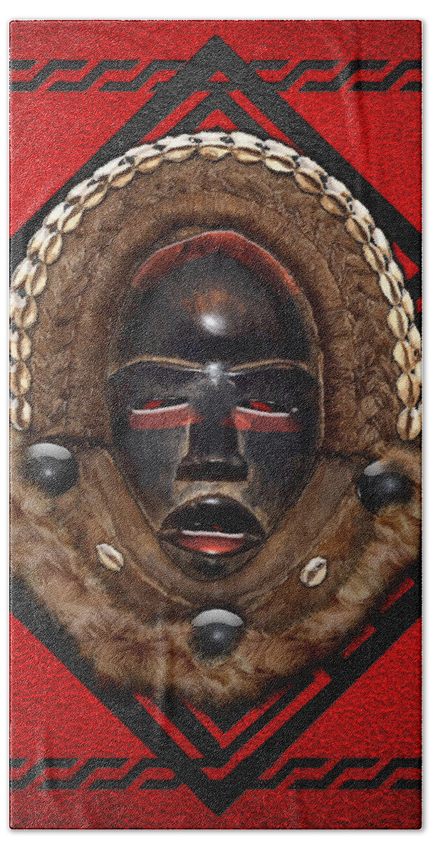 'treasures Of Africa' Collection By Serge Averbukh Beach Towel featuring the digital art Dean Gle Mask by Dan People of the Ivory Coast and Liberia on Red Leather by Serge Averbukh