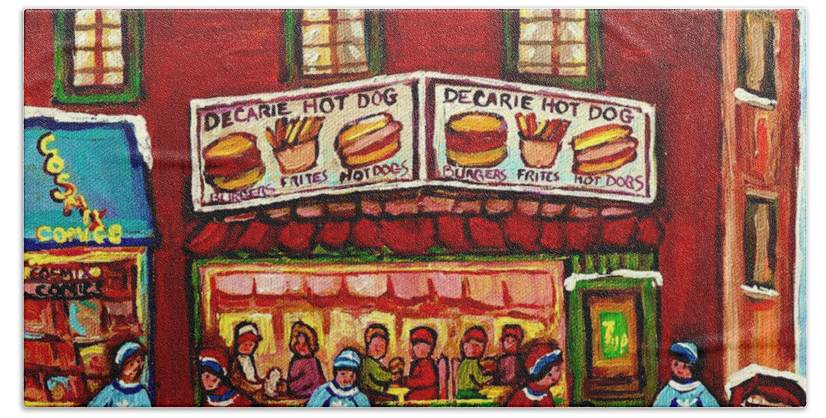Montreal Beach Towel featuring the painting Decarie Hot Dog Restaurant Cosmix Comic Store Montreal Paintings Hockey Art Winter Scenes C Spandau by Carole Spandau