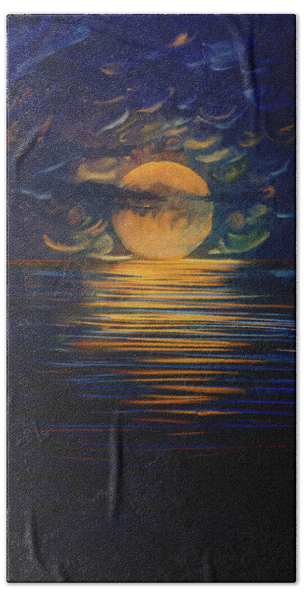 December Full Moon Peace Over The Ocean Beach Towel featuring the painting December Full Moon Peace over The Ocean by Angela Stanton