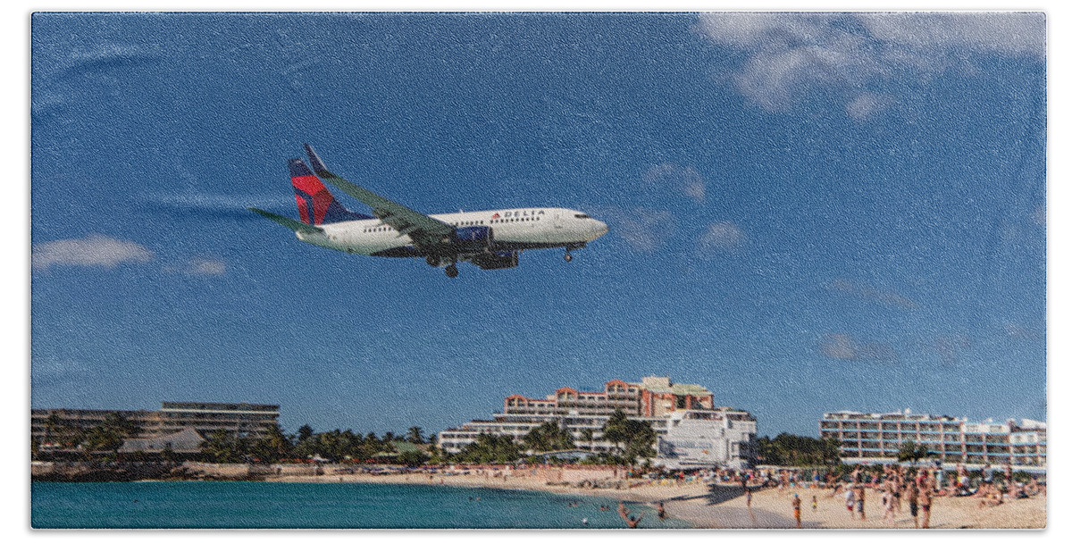 Delta Air Lines Beach Towel featuring the photograph Delta 737 St. Maarten landing by David Gleeson