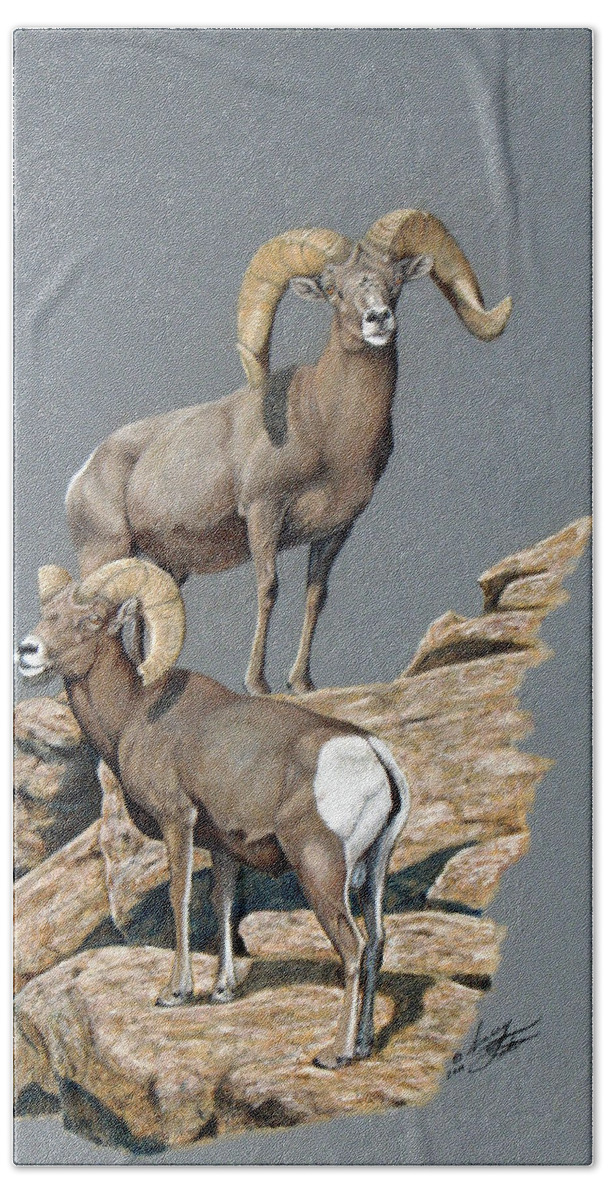 Desert Beach Towel featuring the painting Desert Bighorn Rams by Darcy Tate