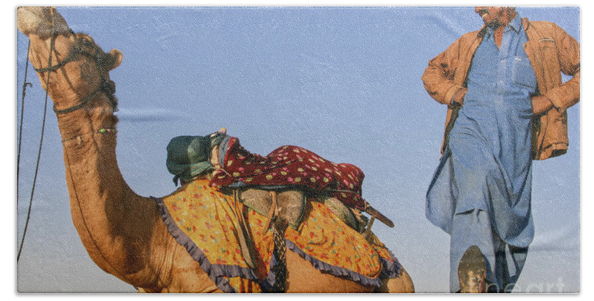 Adventure Beach Towel featuring the photograph Desert Dance Of The Dromedary and The Camel Driver by Jo Ann Tomaselli