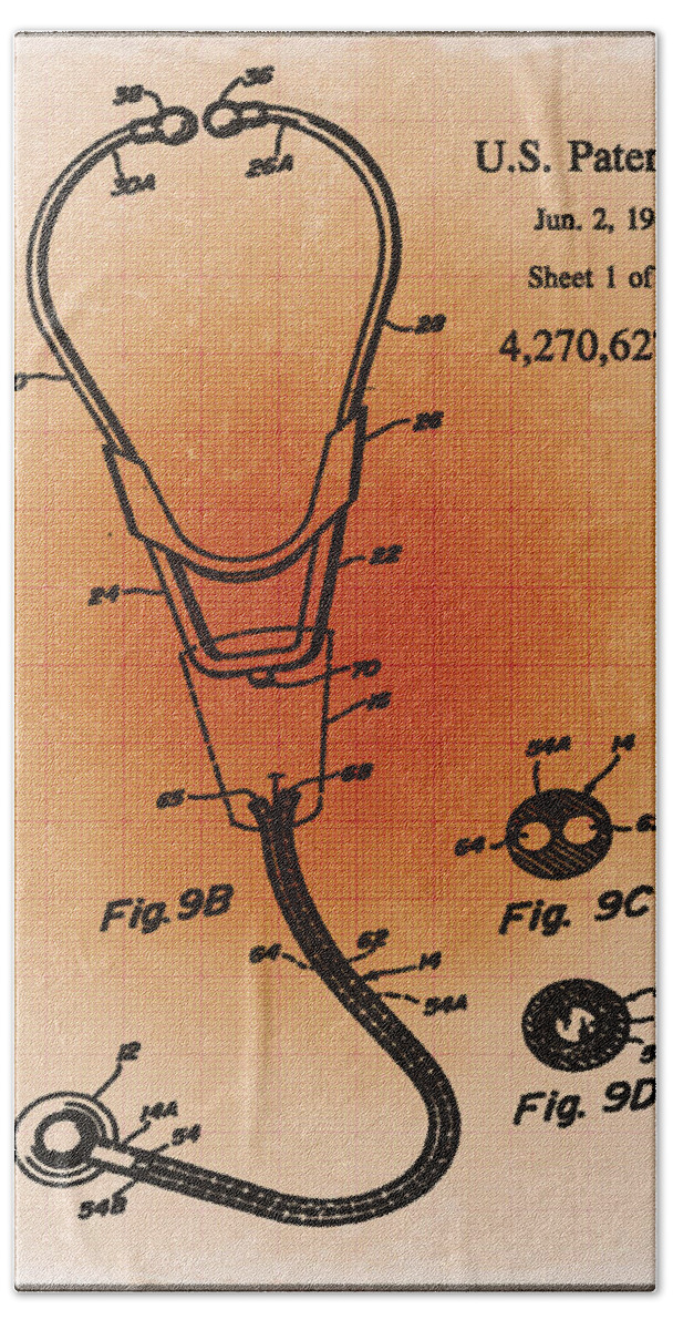 Doctor Beach Towel featuring the mixed media Doctor Stethoscope 2 Patent Blueprint Drawing Sepia by Tony Rubino