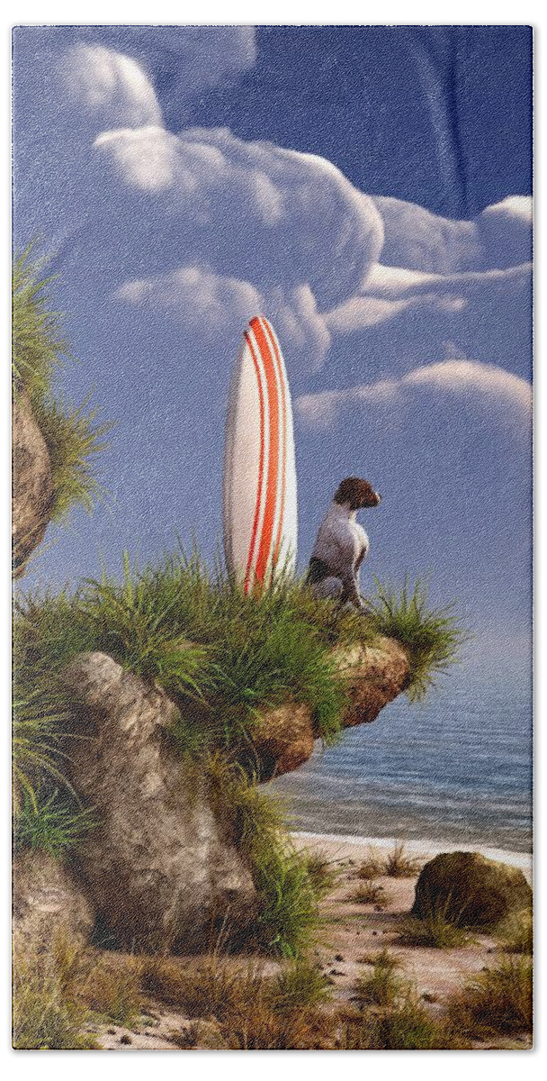 Surfing Beach Towel featuring the digital art Dog and Surfboard by Daniel Eskridge