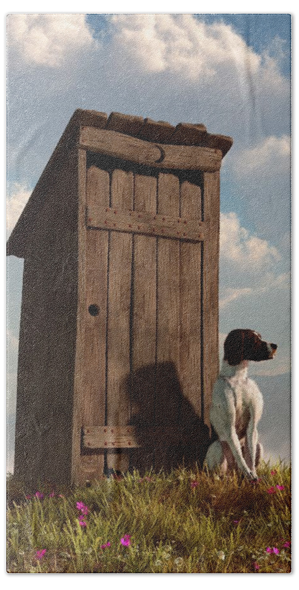 Dog Beach Sheet featuring the digital art Dog Guarding An Outhouse by Daniel Eskridge