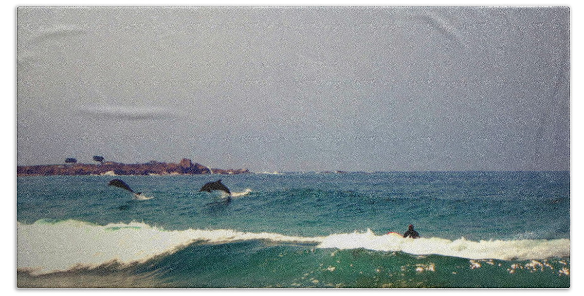 Dolphins Beach Towel featuring the photograph Dolphins Swimming With The Surfers At Asilomar State Beach by Joyce Dickens
