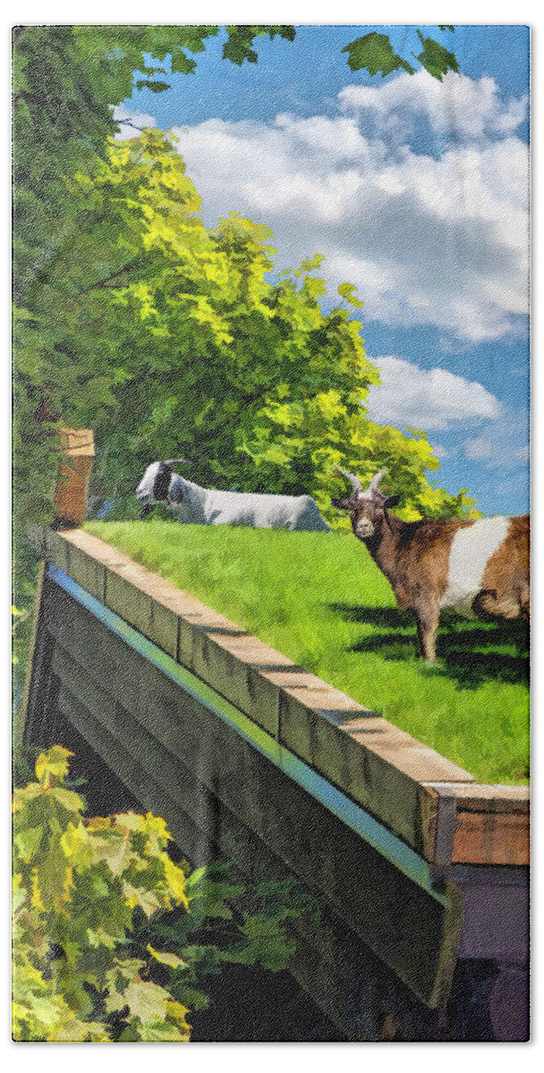 Door County Beach Towel featuring the painting Door County Al Johnsons Swedish Restaurant Goats by Christopher Arndt