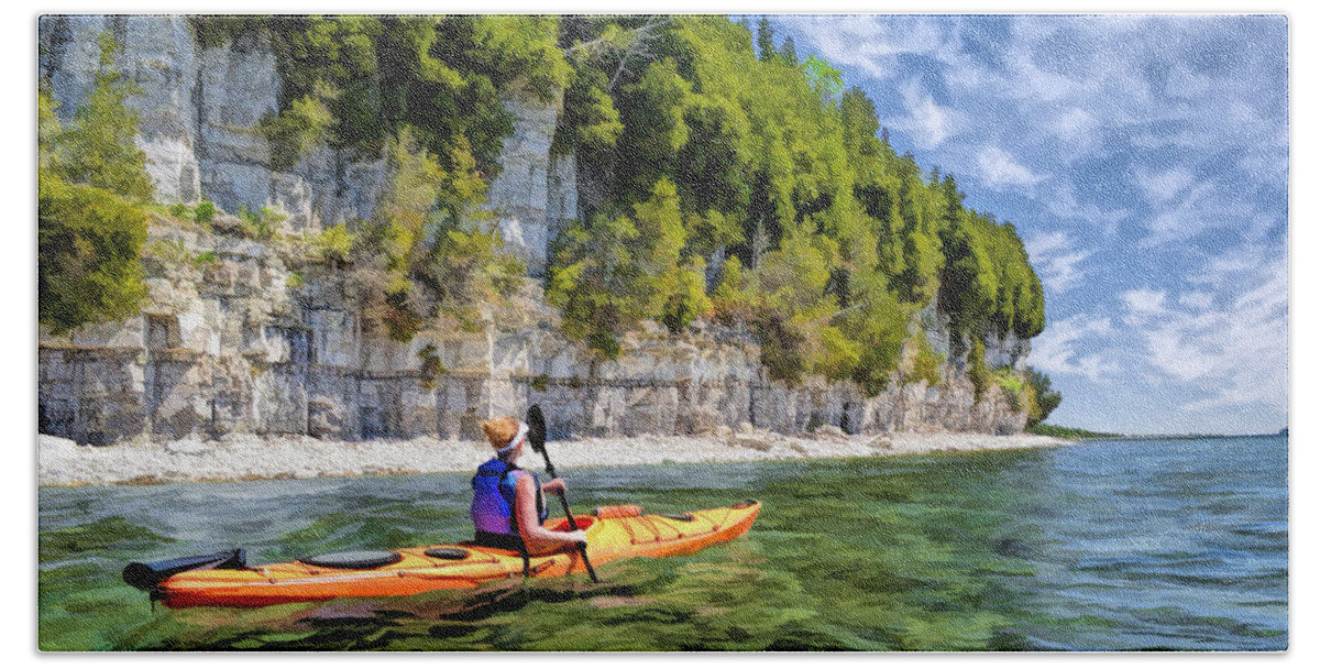 Door County Beach Towel featuring the painting Door County Kayaking Around Rock Island State Park by Christopher Arndt