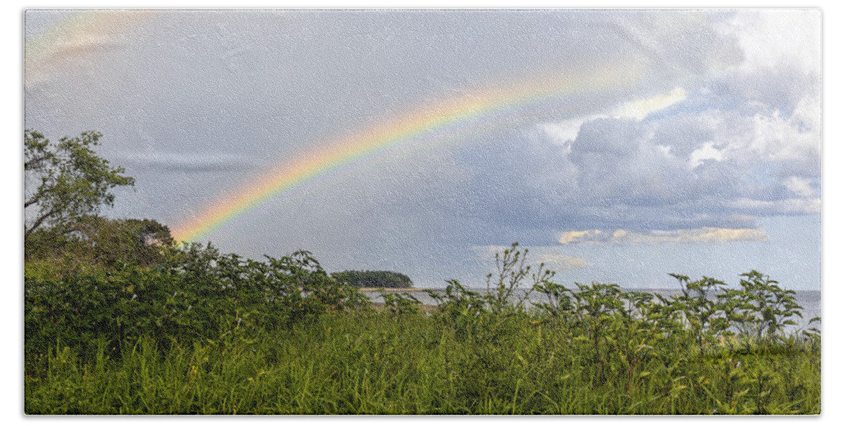 Rainbow Beach Towel featuring the photograph Double rainbow Sheffield Island by Marianne Campolongo