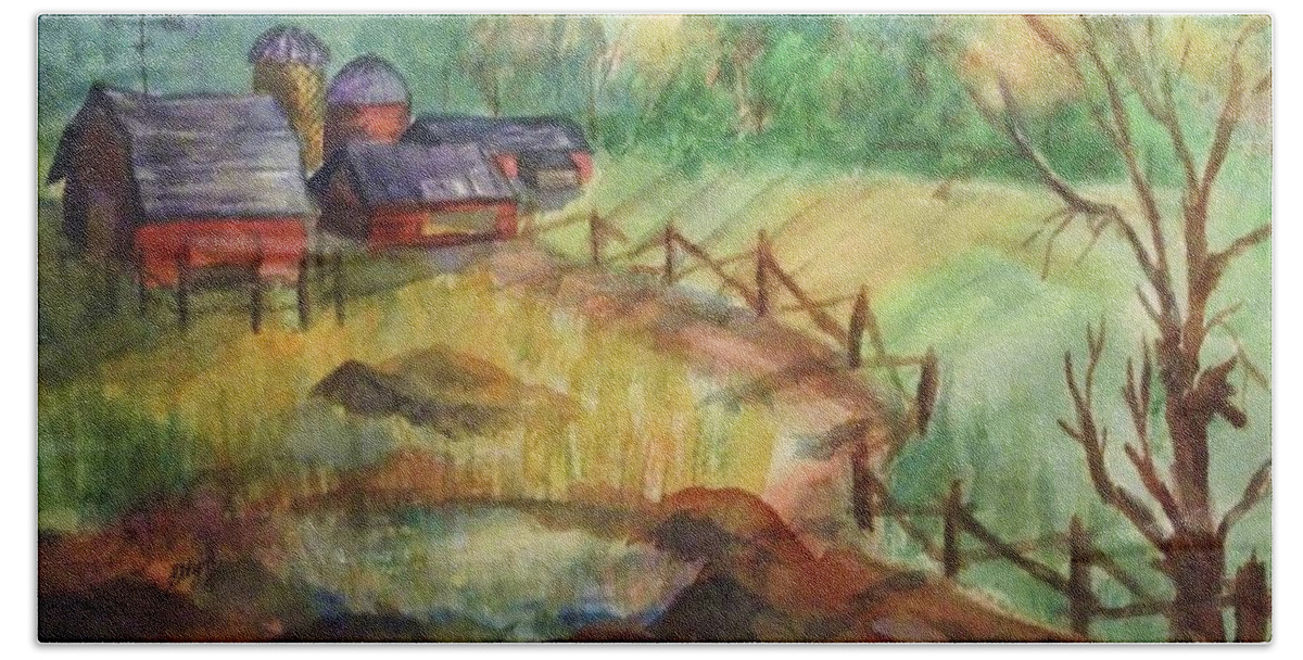 Barn Beach Towel featuring the painting Down the Road a Piece by Ellen Levinson