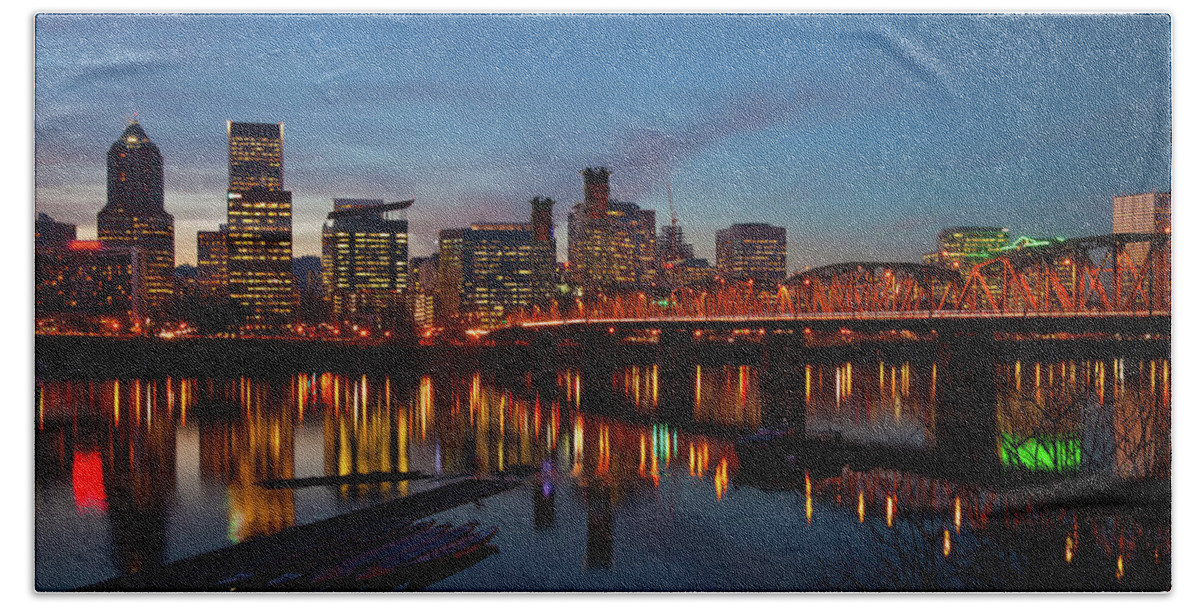 Photography Beach Towel featuring the photograph Downtown Buildings Lit by Panoramic Images