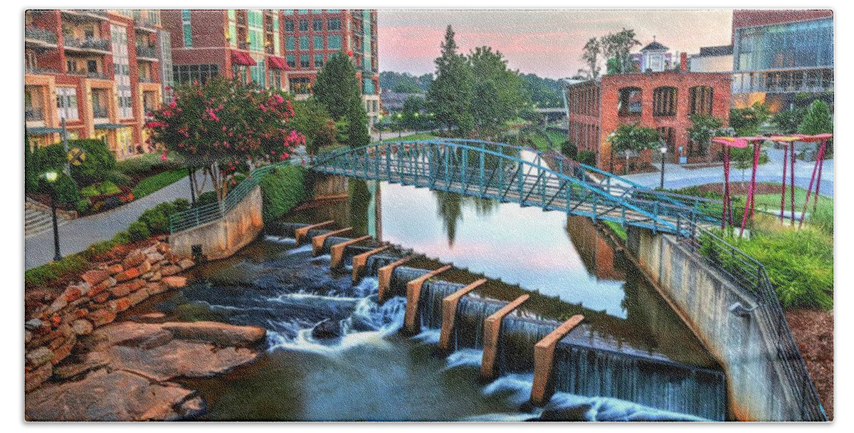 Downtown Greenville Beach Towel featuring the photograph Downtown Greenville on the River by Carol Montoya