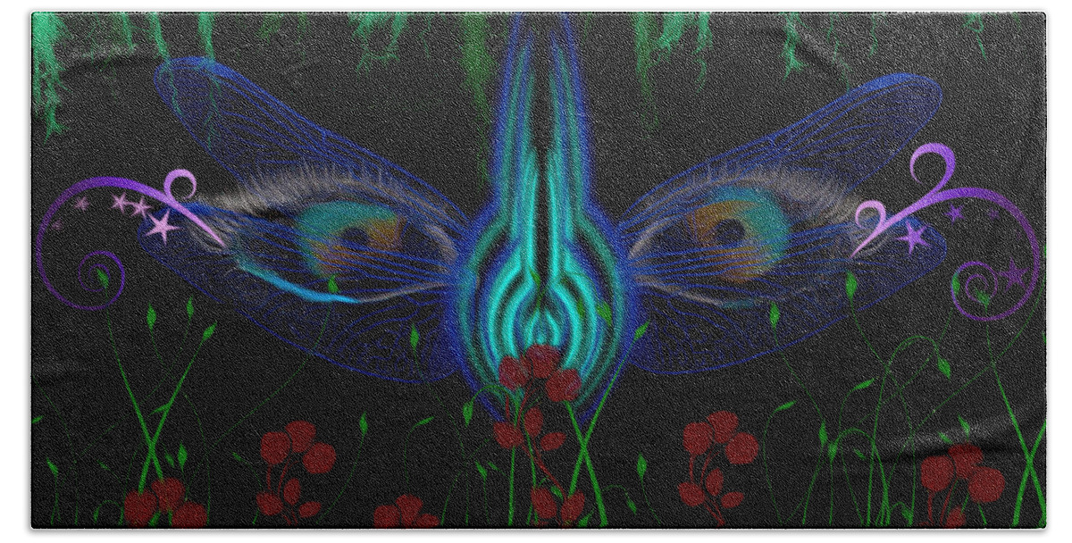 Green Beach Towel featuring the digital art Dragonfly Eyes Series 6 Final by Teri Schuster